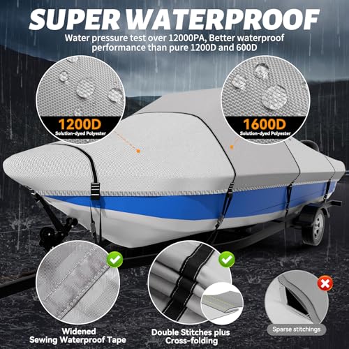 1600D+1200D Tearproof Center Console Boat Cover with 2" Wide Loops for Trailering and Mooring - Ultra Durable Waterproof Fits 20-22ft Center Console Boat, with Storage Bag - color: Gray, size: 20' - 22' L, Beam Width UP to 106" W