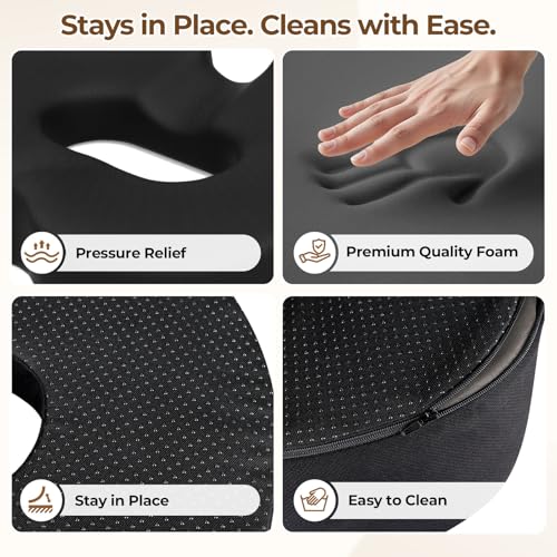 Ergonomic Donut Pillow Seat Cushion with Raised Rear Support, Large Memory Foam Cushion for Tailbone, Hemorrhoids & Sciatica Relief, Office Chair, Car, Travel, Postpartum, Black - color: Black