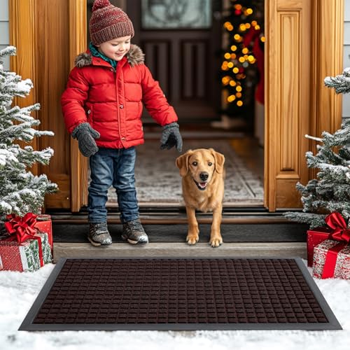 Smiry Front Door Mat Outside Entrance, Heavy Duty Natural Rubber Doormat, Non Slip, Trap Dirt and Moisture, Easy Clean, Low Profile Welcome Floor Mats for Indoor Outdoor Entry, 35x23 Inch, Brown