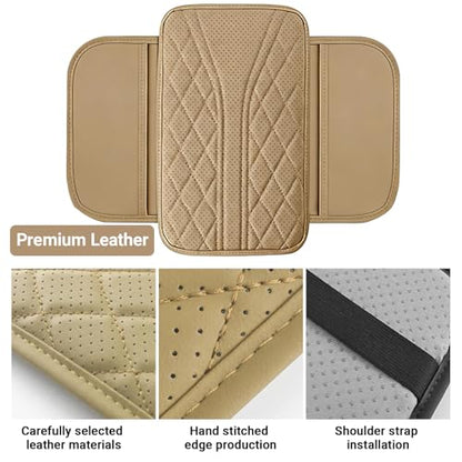 Upgraded Car Center Console Cover, Leather Auto Armrest Cover with 2 Storage Bags, Waterproof Center Console Protective Pad, Universal Cars Armrest Storage Box for Sedan, SUV, Truck (Beige) - color: Beige