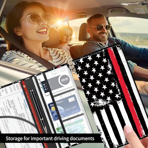 Premium Car Registration and Insurance Card Holder, Cute PU Leather Car Document Holder, Vehicle Glove Box Car Organizer with Magnetic Closure for Driver License, Cards Black Red Flag - color: Black Red Flag