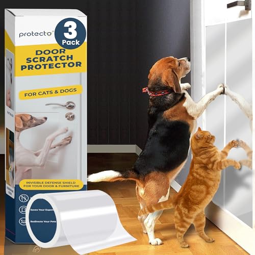 PROTECTO Cat & Dog Scratch Door Protector w/Utility Knife - 3Pack 60x8 Clear Wall Protector for Pet Scratching - Sticky and Self-Adhesive Deterrent Vinyl Surface - Easy Customization & Installation - color: 3-pack | Clear