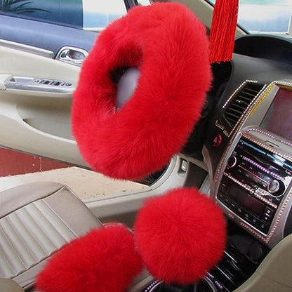 3PCS Wool Steering Wheel Cover with Fuzzy Handbrake Cover & Gear Shift Cover, Universal 15 Inch Steering Wheel Fluffy Soft Protector, Comforting Warm Car Decoration for Women Men (Red) - style: Red