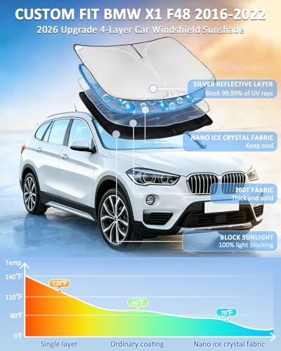 for BMW X1 F48 U11 2016-2022 Windshield Sun Shade - 4 Layers Car Sunshades for Front Windows Shade Cover Custom Fit X1 F48 U11 Sun Visor 250T Retractable Shade Blocks UV Rays Car Accessories - size: for BMW X1 F48 2016-2022