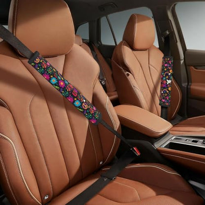 Retro Flower Peace Rainbow Love Steering Wheel Cover Elastic Non-Slip Car Steering Wheel Covers with Seat Belt Shoulder Pad for Women Men - color: Retro Flower Peace Rainbow Love