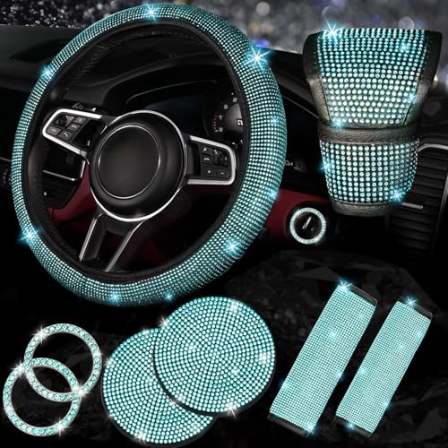 NBTEPEM 8 pcs Bling Car Accessories Set for Women, Steering Wheel Cover, Sparkly Seat Belt Covers, Bling Gear Shift Cover, Universal Fit Most Cars (Aquamarine Diamond) - color: Aquamarine Diamond, size: Steering Wheel Cover Set