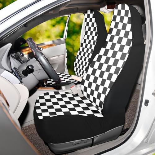 Checkered Car Seat Covers Set of 2,Geometric Checkered Plaid Pattern Black White Car Racing Sports Chess Board Universal Front Seat Protector for Women Men Cute Car Accessories for Trucks - color: Black White