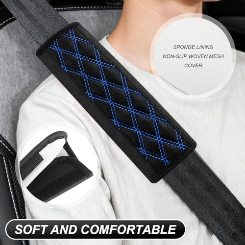 2PCS Car Seat Belt Cover Pads, Leather Seatbelt Covers for Cars, Breathable Leather Shoulder Pads Protect Your Neck, Automotive Interior Seat Strap Protecter Cushion for Most Autos (Blue) - color: Blue