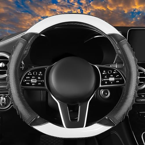 5D Honeycomb Knight White Car Steering Wheel Cover,14.5-15 Inch Universal Carbon Fibre Leather Covers Breathable Anti-Slip Odorless Steering Wheels Accessories for Men Women - color: 5D Honeycomb - Knight White