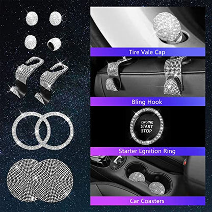 25PCS Bling Car Car Accessories Set,15 Inch Steering Wheel Cover,Shiny License Plate Frame,Center Console Cover and Rearview Mirror Set and Other Car Accessories(White) - color: White