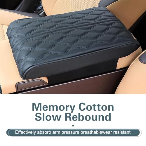 Wavy Quilted Car Armrest Cover, Premium Leather Auto Center Console Pad, Universal Armrest Cushion Protector for Car, Truck, Sedan, SUV, Anti-Scratch Soft Waterproof Console Cover (Black)