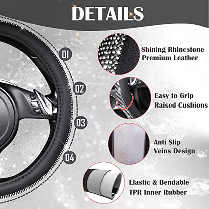 CAR PASS Diamond Black Leather Steering Wheel Cover, with Bling Crystal Rhinestones Universal Fit 14" 1/2-15" Crystal Glitter for Women Sparkle Girl Fit Suvs,Vans,Sedans,Cars,Trucks, White Diamond - color: Black Crystal Holder Silver Diamond