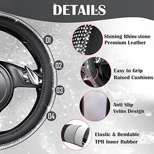 CAR PASS Diamond Black Leather Steering Wheel Cover, with Bling Crystal Rhinestones Universal Fit 14" 1/2-15" Crystal Glitter for Women Sparkle Girl Fit Suvs,Vans,Sedans,Cars,Trucks, White Diamond - color: Black Crystal Holder Silver Diamond