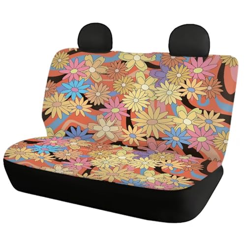 FUSURIRE Automotive Seat Covers Full Set of 4 Pcs, Colorful Daisy Wavey Print Front Seat Cover and Rear Bench Cover, Novelty Car Accessories Universal Fit - color: Colorful Daisy Wavey Print
