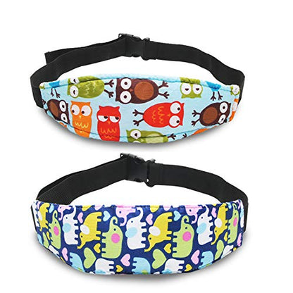 Baby Carseat Head Support,Car seat Straps Pillow Support Ban,Stroller Neck Relief Strap Headrest,Slumber Sling Sleep Positioner for Toddler Infants Child Children Kids（Blue Elephant + Owl） - color: Blue