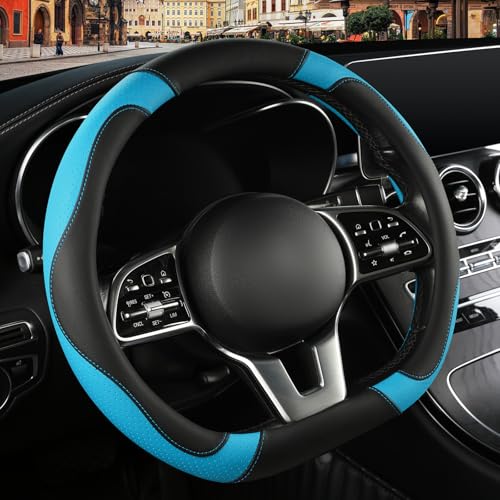 Microfiber Leather D Shaped Steering Wheel Cover, Breathable, Anti Slip, Universal 15 inch, Black with Blue - color: Black Blue, size: D Shape-Middle[14.5''-15'']