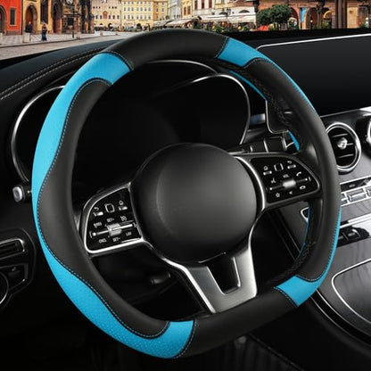 Microfiber Leather D Shaped Steering Wheel Cover, Breathable, Anti Slip, Universal 15 inch, Black with Blue - color: Black Blue, size: D Shape-Middle[14.5''-15'']
