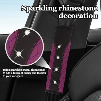 Hovom 2PCS Bling Car Seat Belt Cover Pad, Leather Seatbelt Covers for Cars, Soft Safety Seatbelt Shoulder Strap Covers, Rhinestone Auto Seat Belt Protector Cushion for Women Girls (Purple) - color: Purple