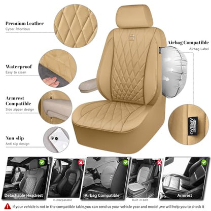CAR PASS Piping Luxury PU Leather Two Front Car Seat Covers, Waterproof Anti Slip Seat Covers Compatible with Front Seat Armrests,Universal Fit for Suvs,Vans,Trucks,Airbag Compatible(All Beige) - color: All Beige, size: Two Front