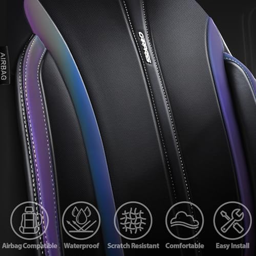 CAR PASS Nappa Leather Car Seat Covers, Durable Waterproof Luxury Universal for SUV Pick-up Truck Sedan, Anti-Slip Driver 5 Seats Covers Full Set with Backrest (Black Chameleon Iridescent Reflective)