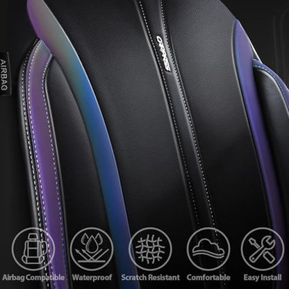 CAR PASS Nappa Leather Car Seat Covers, Durable Waterproof Luxury Universal for SUV Pick-up Truck Sedan, Anti-Slip Driver 5 Seats Covers Full Set with Backrest (Black Chameleon Iridescent Reflective)