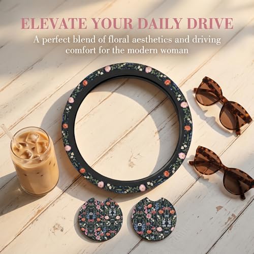 Wildflower Car Steering Wheel Cover - Multicolor Wildflower Steering Wheel Cover Anti-Slip Breathable Universal for 15 Inch Car 2 Pieces Coasters Suitable for Men Women - color: Wildflower