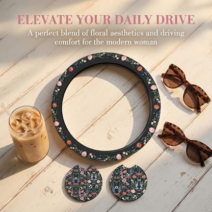 Wildflower Car Steering Wheel Cover - Multicolor Wildflower Steering Wheel Cover Anti-Slip Breathable Universal for 15 Inch Car 2 Pieces Coasters Suitable for Men Women - color: Wildflower