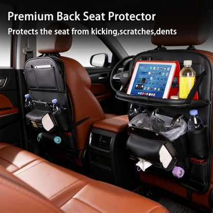 Backseat Car Organizer with Foldable Tray Table,Leather Seat Back Storage with Trash Can, Tablet Holder, Bottle Pockets, Kick Mat Protector, Black,2 Pack - color: Black