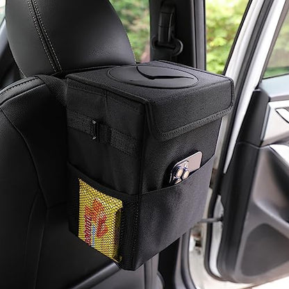 AOKJOY Car Garbage can with lid Leak Proof Vehicle Trash Can 3 Storage Pockets Hanging Waterproof car Trash Bag for SUV Black - color: black