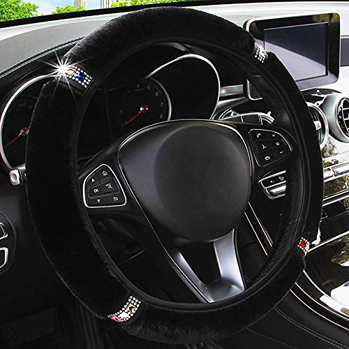 LABBYWAY Plush Steering Wheel Cover with Bling Bling Crystal Rhinestone, Universal 15 Inch Elastic Fluffy Steering Wheel Accessories for Women Girls, Black - color: Black