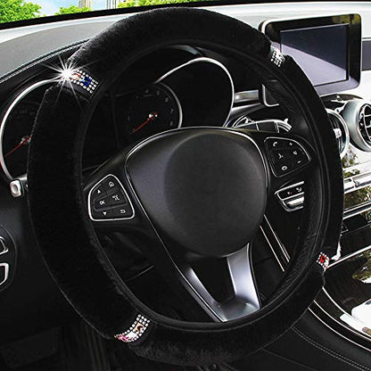 LABBYWAY Plush Steering Wheel Cover with Bling Bling Crystal Rhinestone, Universal 15 Inch Elastic Fluffy Steering Wheel Accessories for Women Girls, Black - color: Black