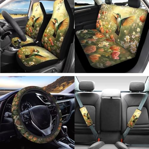 16 Pieces Car Seat Cover Sets for Women, Hummingbird Flower Print Car Front Rear Seat Cover Steering Wheel Cover Seat Belt Pads Arm Rest Cover Coaster, Universal Fit Car Interior Accessories - color: Yellow and Green - Hummingbird Flower