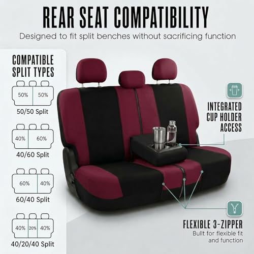 FH Group Car Seat Covers Full Set Cloth,Universal Fit combo,Washable Automotive Seat Covers,Low Back Front Seat Covers,Airbag Compatible,Split Bench Rear Seat for SUV,Sedan,Van Burgundy - color: Burgundy