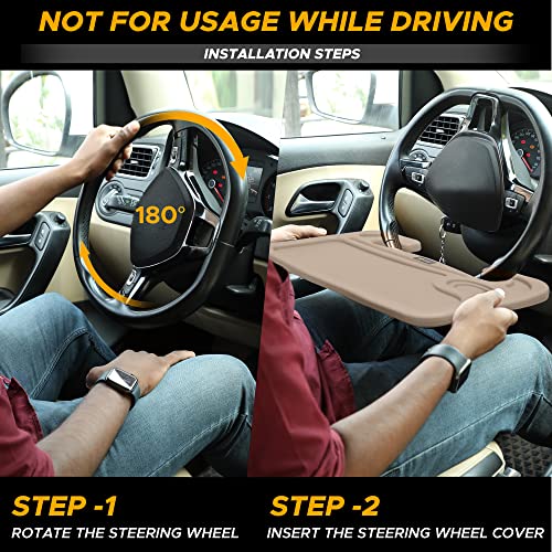 EcoNour 2 in 1 Car Steering Wheel Desk (Beige) | Steering Wheel Tray for Laptop, Eating, Drinks | Rectangular ABS Car Tray with Pen Holder & Cup Holder - size: Medium-Beige