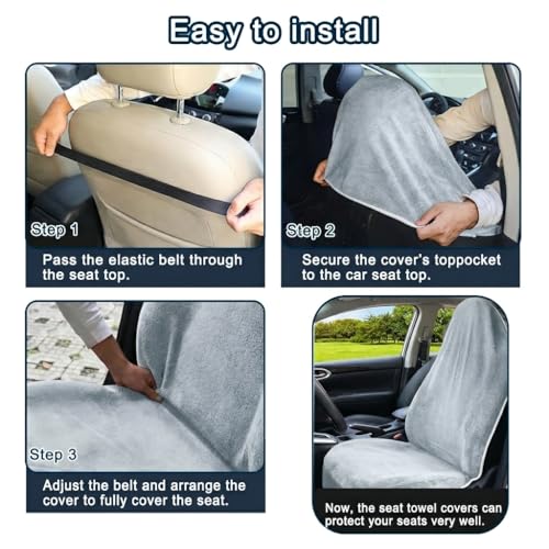 Car Seat Towel Cover, 2pcs Universal Front Seat Protector for Cars, SUVs and Trucks, Sweat Towel Car Seat Cover for Gym, Yoga, Swimming, Pets and Family Travel, Light Gray