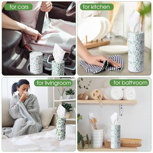 Outus 12 Pcs Eucalyptus Leaves Car Tissues Cylinder Holder with 3 Ply Facial Tissue Bulk Round Tissue Holder Travel Tissues Boxes Container for Car Cup Wedding Birthday Party - style: Eucalyptus Leaves