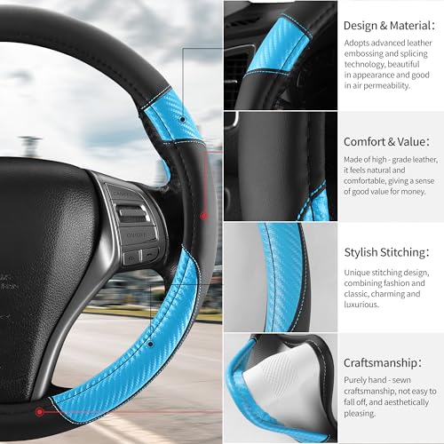 Non-Slip Car Nappa Leather Steering Wheel Cover,Universal Car Accessories Women Men Fit 14" 1/2-15" Suvs/Vans/Sedans/Cars/Trucks,Light Blue - color: Black Light Blue