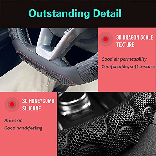D Shaped 14.5-15 Inch Steering Wheel Cover Great Grip with 3D Honeycomb Anti-Slip Design, Flat Bottom 14.5-15 Inch (Black/Red Stitch)