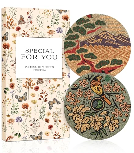 Swooflia Car Coasters for Women - Japanese Painting Cork Car Cupholder Coaster Cool Absorbent Mat Coaster with Cork Base 2 Pack Automotive Cup Holder Accessories New Driver Gifts for Decor - color: Japanese Painting