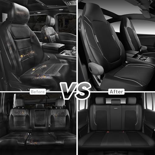 CAR PASS Faux Leather High Back Seat Covers Full Set, Sporty Waterproof Automotive Seat Covers, Anti Slip Airbag Compatible Universal Fit for Most Sedans Trucks Vans Suvs, All Black - color: Solid Black Full Set