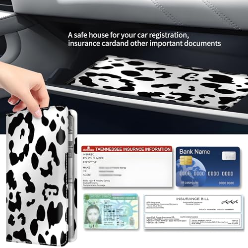 Premium Car Registration and Insurance Card Holder, Cute PU Leather Car Document Holder, Vehicle Glove Box Car Organizer with Magnetic Closure for Driver License, Cards Black White Cow Print - color: Black White Cow Print