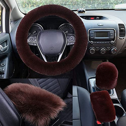 WenMei 1 Set 4 Pcs Fluffy Steering Wheel Cover&Handbrake Cover&Gear Shift Cover&Fluffy Auto Center Console Cover Faux Wool Steering Wheel Covers for Women Universal Car Interior Accessories (Brown) - color: Brown
