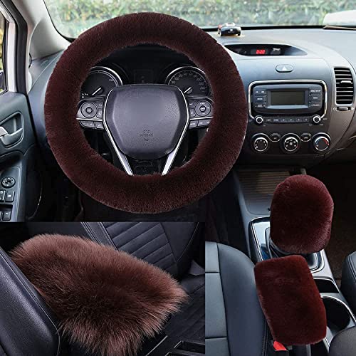 WenMei 1 Set 4 Pcs Fluffy Steering Wheel Cover&Handbrake Cover&Gear Shift Cover&Fluffy Auto Center Console Cover Faux Wool Steering Wheel Covers for Women Universal Car Interior Accessories (Brown) - color: Brown