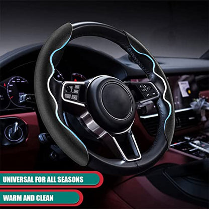 Car Steering Wheel Cover, Microfiber Suede Leather and Carbon Fiber Double Sided Design, Warm in Winter and Cool in Summer, Breathable Non Slip Segmented Protector for Most Cars (Turn Fur/Black) - color: Turn Fur/Black