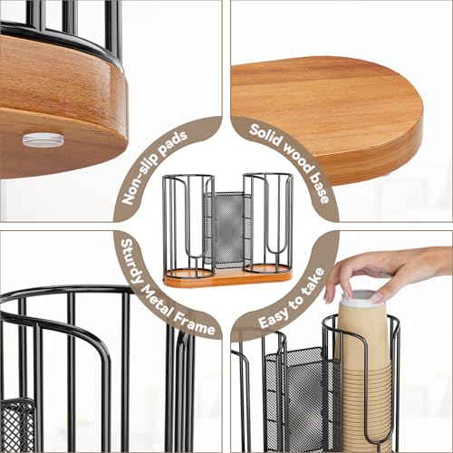 Coffee Cup and Lids Holder - Disposable Cups Straws Organizer with Wooden Base - Paper Plastic Cup Holder Dispenser Storage for Countertop Coffee Station Bar Restaurant Office Breakroom Shop Kitchen
