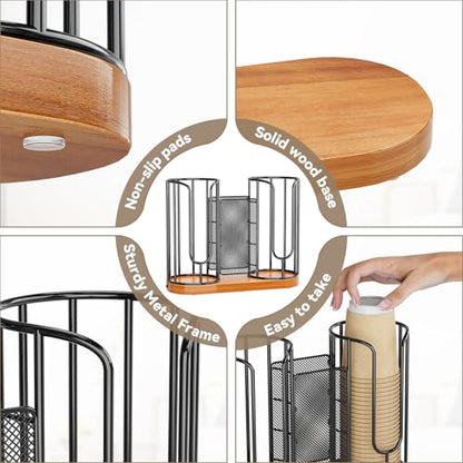 Coffee Cup and Lids Holder - Disposable Cups Straws Organizer with Wooden Base - Paper Plastic Cup Holder Dispenser Storage for Countertop Coffee Station Bar Restaurant Office Breakroom Shop Kitchen