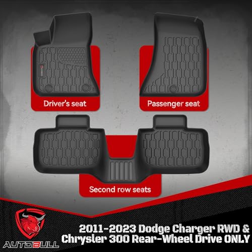 Floor Mats Compatible with 2011-2023 Dodge Charger RWD & Chrysler 300 Rear-Wheel Drive ONLY, All Weather TPE Floor Liners, Custom Fit Car mats, 1st & 2nd Row, Black
