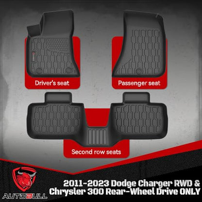 Floor Mats Compatible with 2011-2023 Dodge Charger RWD & Chrysler 300 Rear-Wheel Drive ONLY, All Weather TPE Floor Liners, Custom Fit Car mats, 1st & 2nd Row, Black