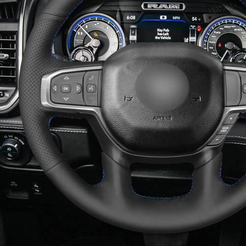 MEWANT Custom DIY Black Artificial Leather Steering Wheel Cover for Dodge Ram 1500 Laramie Big Horn 2019-2021 - color: Black Artificial Leather&Blue Laser Stripe