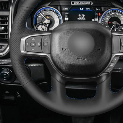 MEWANT Custom DIY Black Artificial Leather Steering Wheel Cover for Dodge Ram 1500 Laramie Big Horn 2019-2021 - color: Black Artificial Leather&Blue Laser Stripe